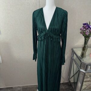 SHEIN Forest Green Pleated Long Sleeve Maxi Dress